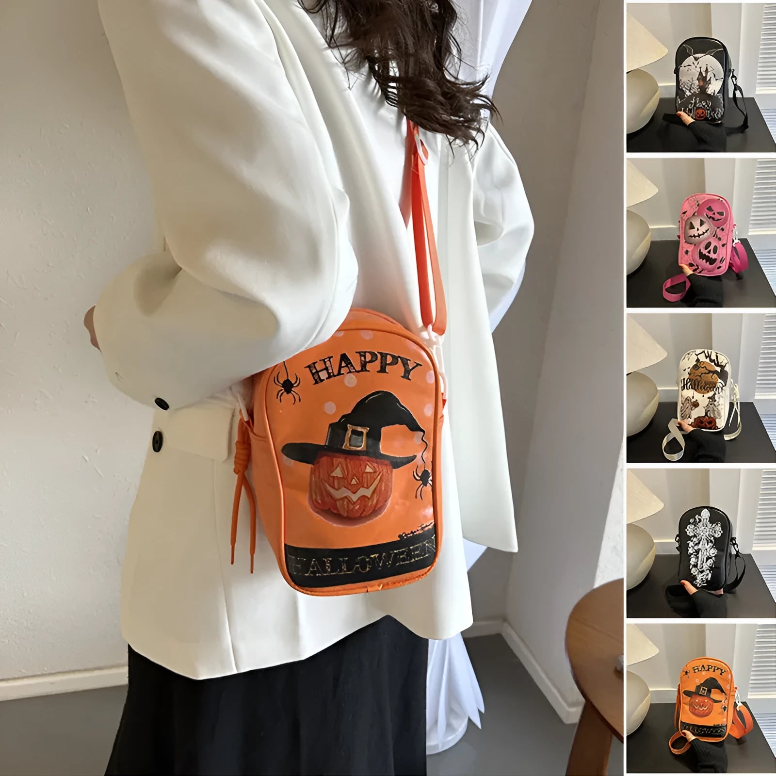 Halloween graffiti phone crossbody bag with cartoon pumpkin ghost bat prints in PU material