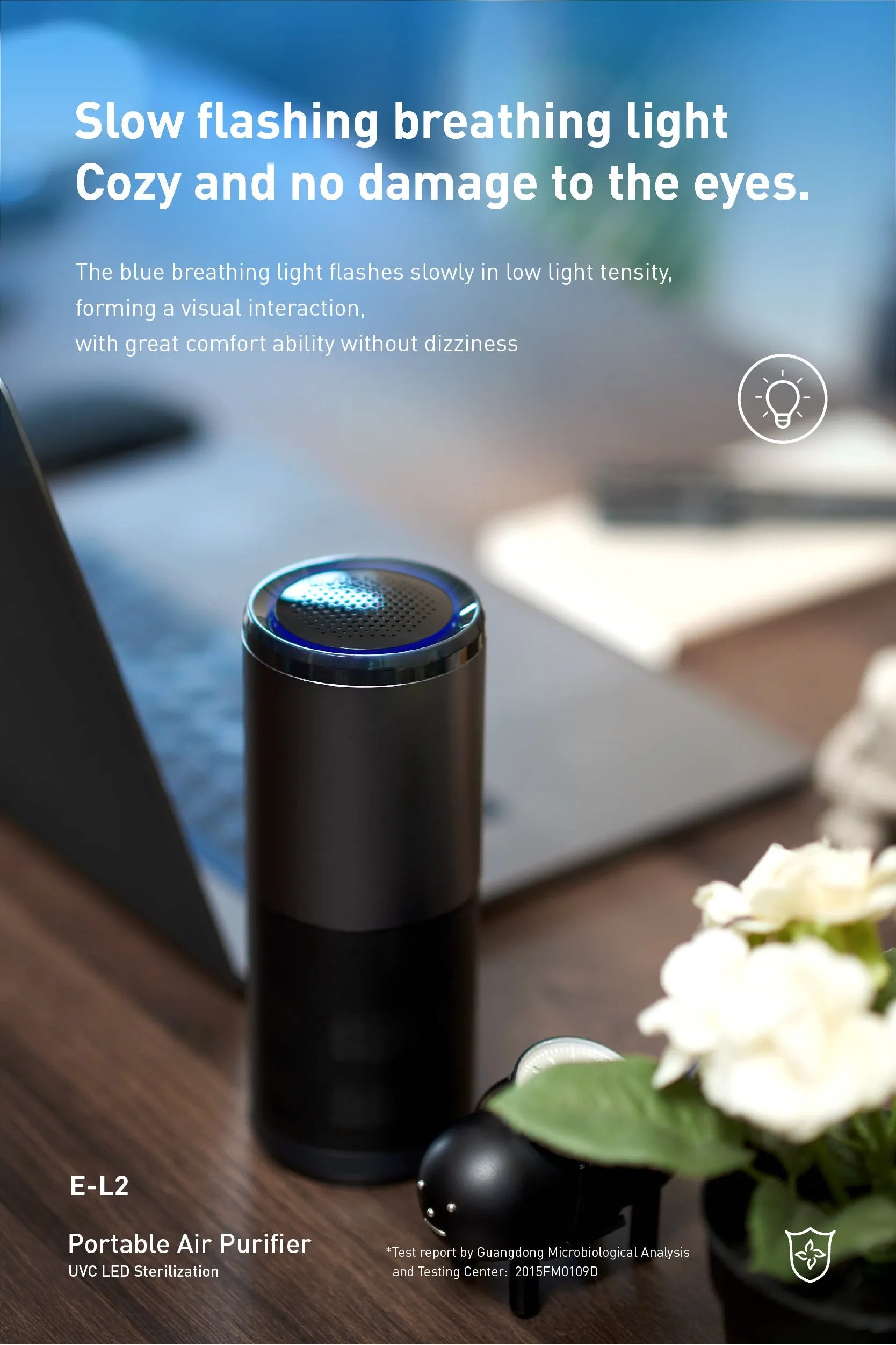 Portable mini car air purifier in black or rosebox colour with USB charging cable