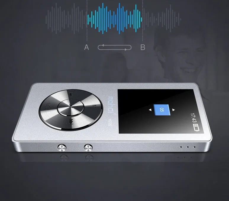 Gold all-metal MP3 player with 1.8-inch screen showing music playback interface