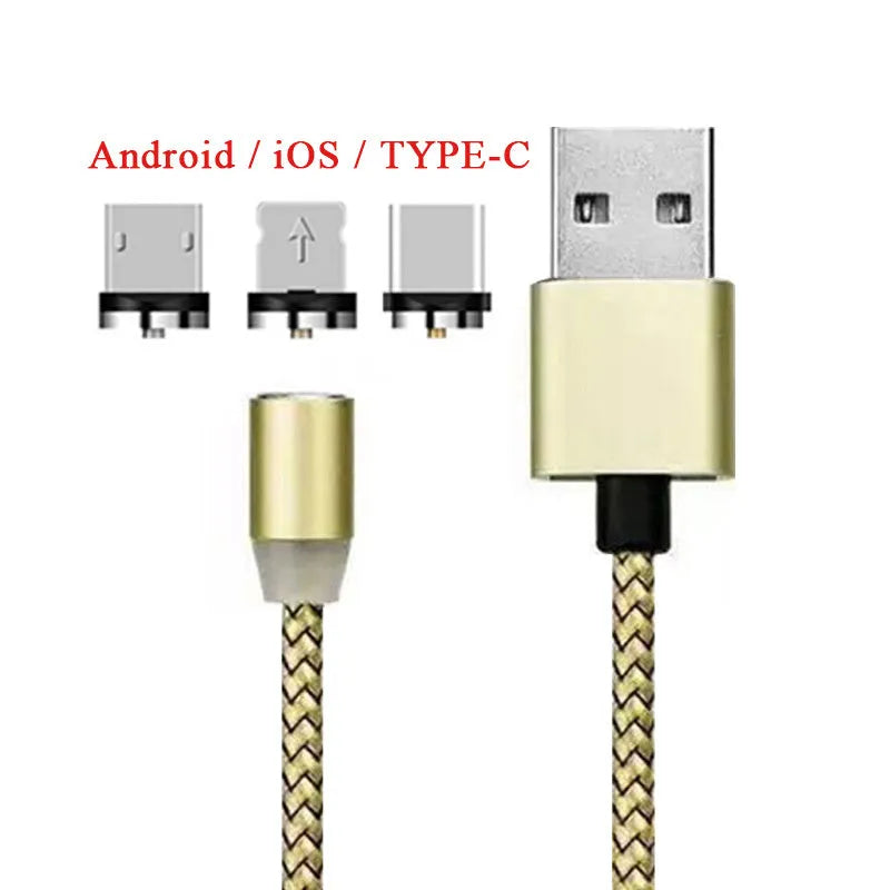 YBD black and red braided magnetic charging cable with Lightning, Micro USB, and Type-C connectors on a table.