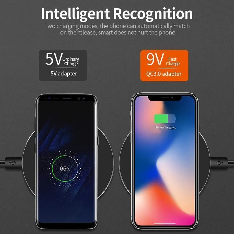 Ultra-thin matte black wireless charging pad with 9V fast charging and 98mm square dimensions