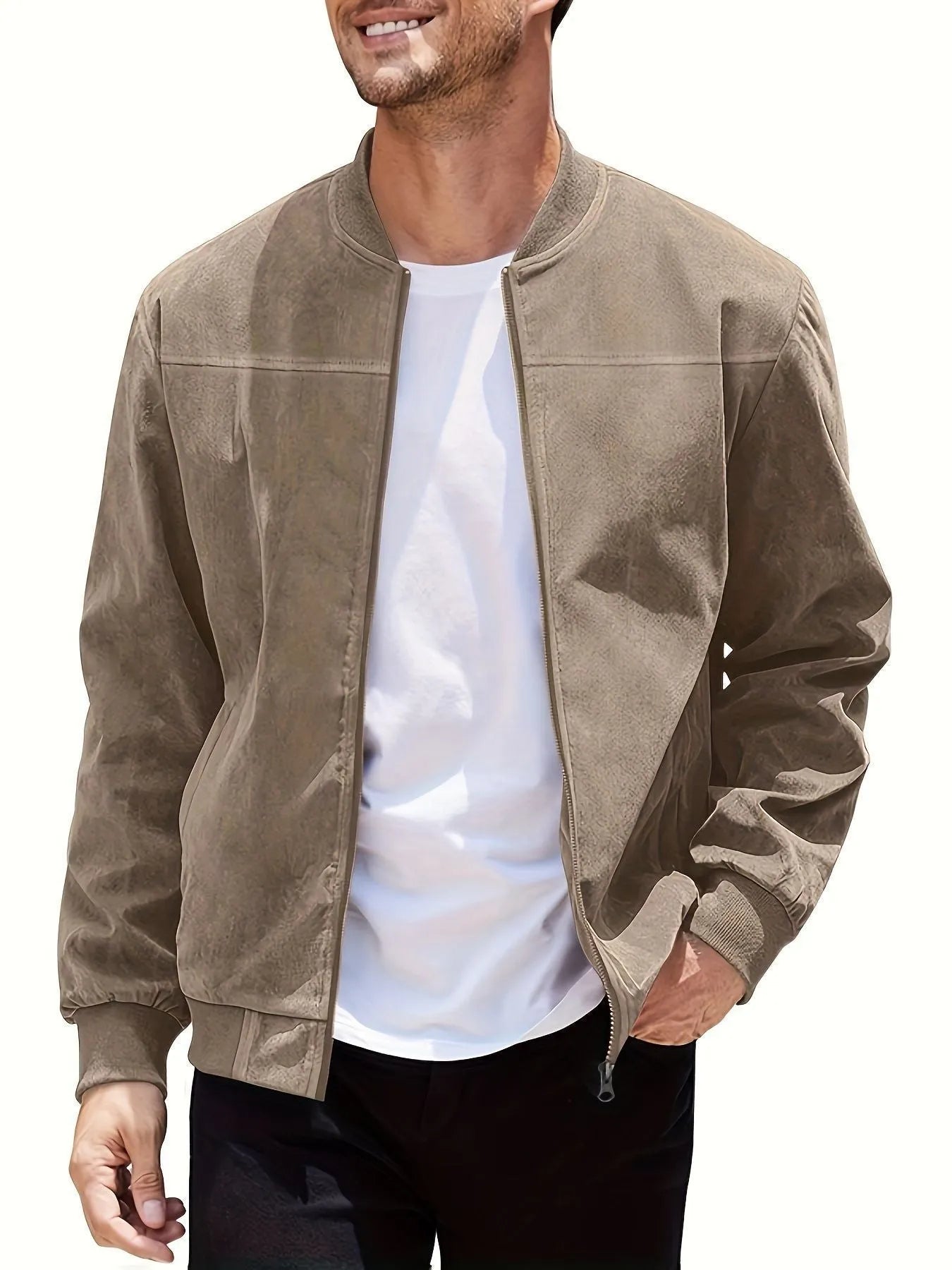 Men's Army Green suede zip-up jacket with a regular fit and standard sleeves on a hanger.
