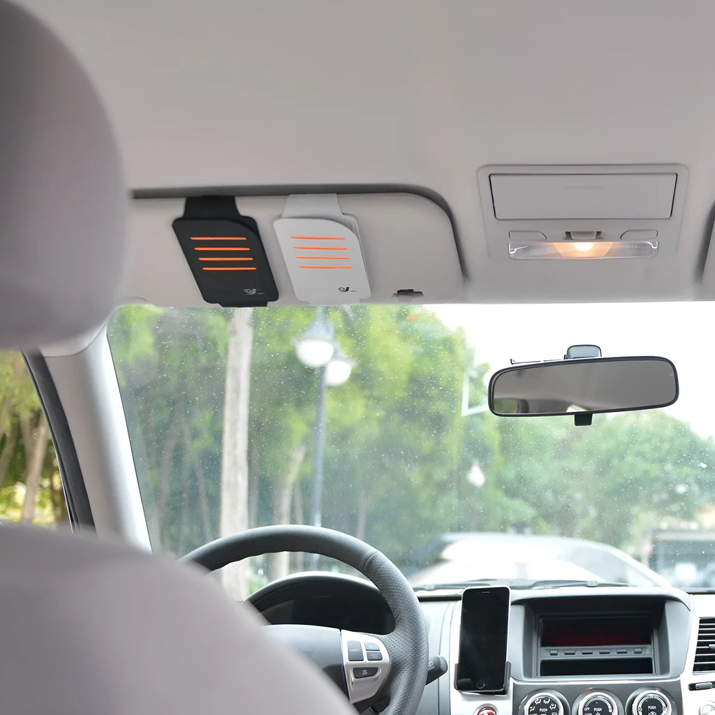 Car sun visor storage set featuring a vehicle-mounted bag holding shading panels, in black or grey colour.