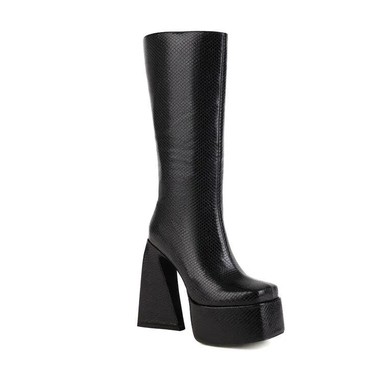 Women's black high boots with artificial PU upper material showing side profile