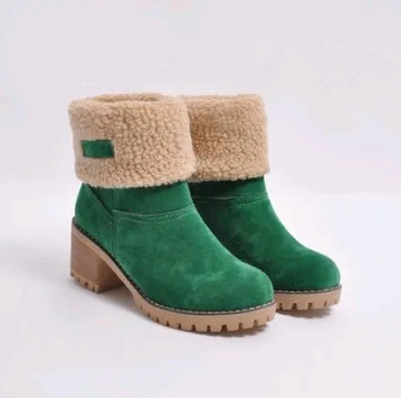 Women's thick suede mid-calf snow boots with a round toe, flat low heel, and waterproof platform sole.