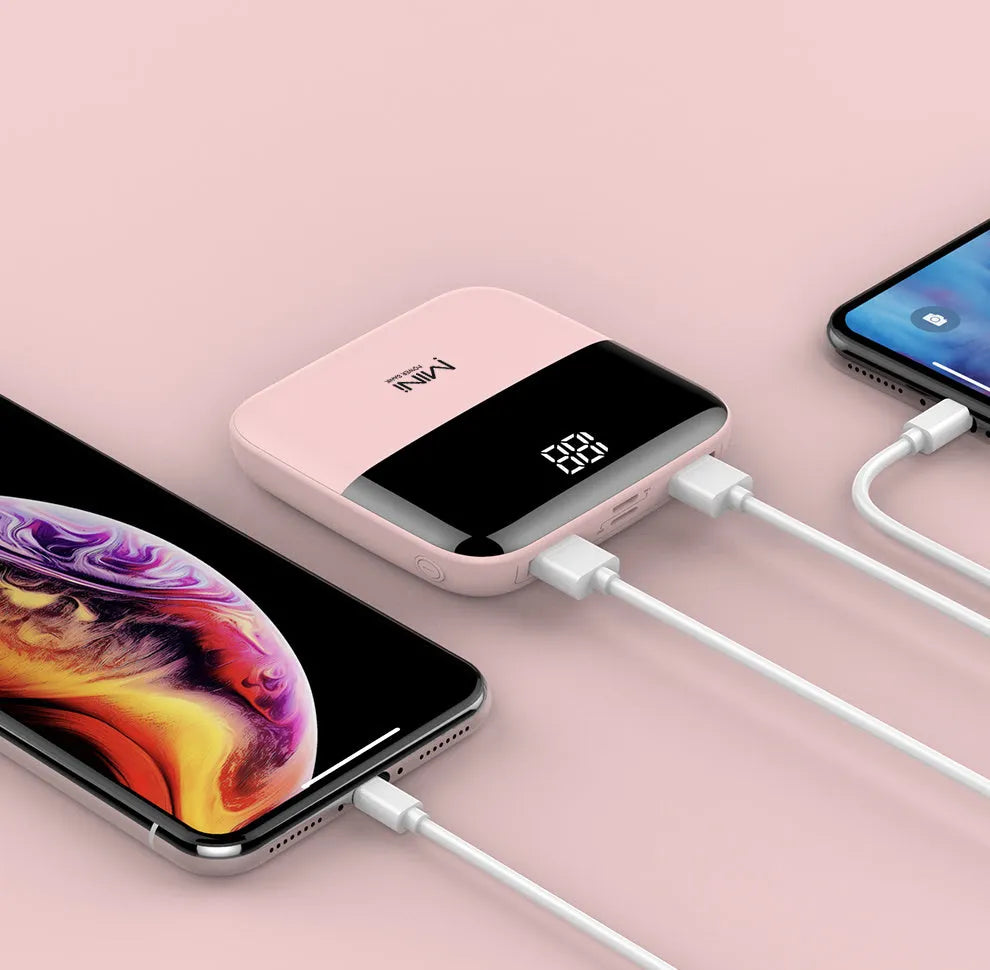 10000mAh portable power bank with digital display showing battery percentage and dual USB ports