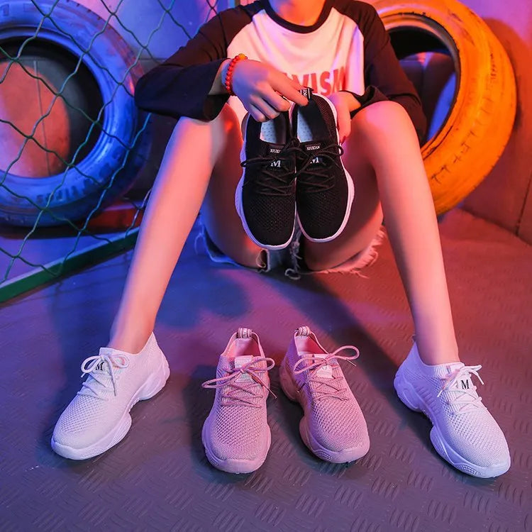Women's white thick-soled flying woven casual sports shoes with front strap closure
