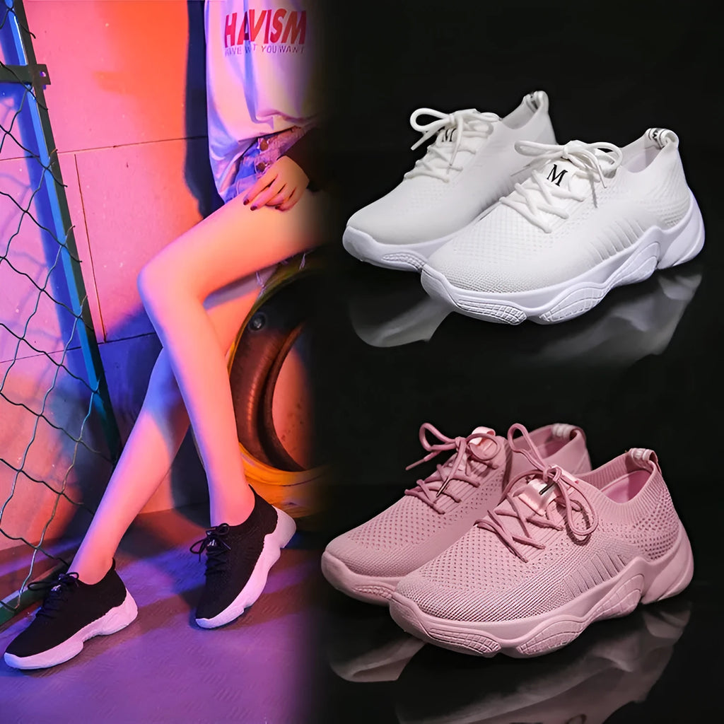 Women's white thick-soled flying woven casual sports shoes with front strap closure