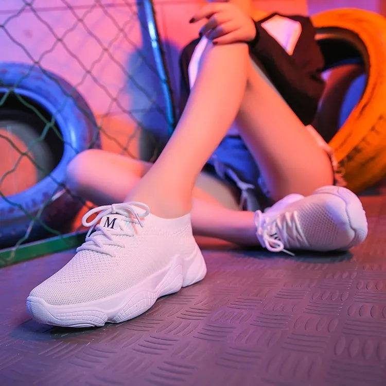 Women's white thick-soled flying woven casual sports shoes with front strap closure