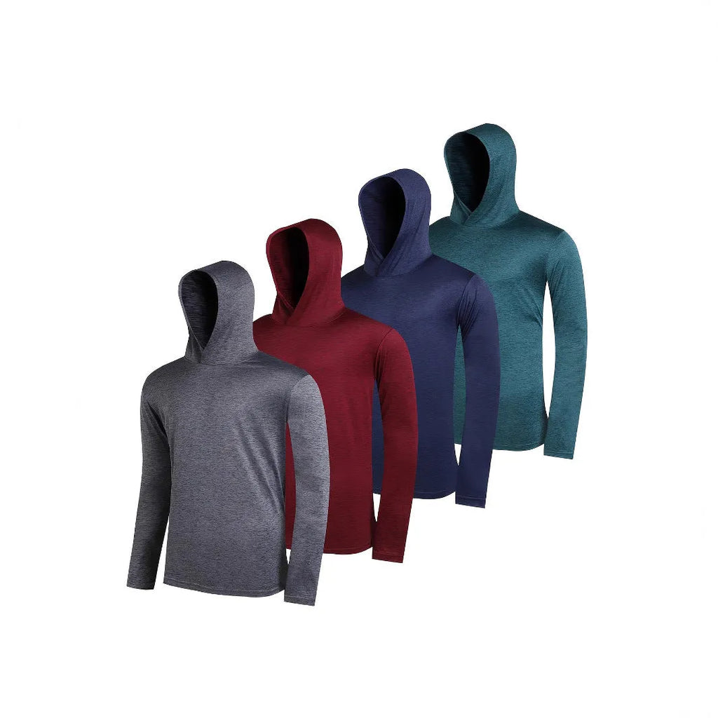 4-piece men's lightweight polyester hoodie set displayed in multiple colour options with size range S to XXXL