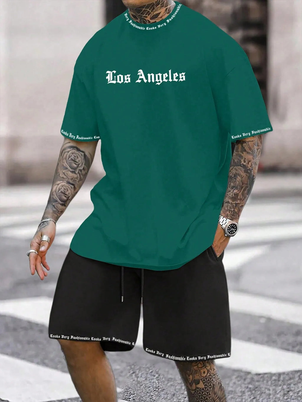 Men's sports shorts and t-shirt set in cotton blend fabric with printed pattern