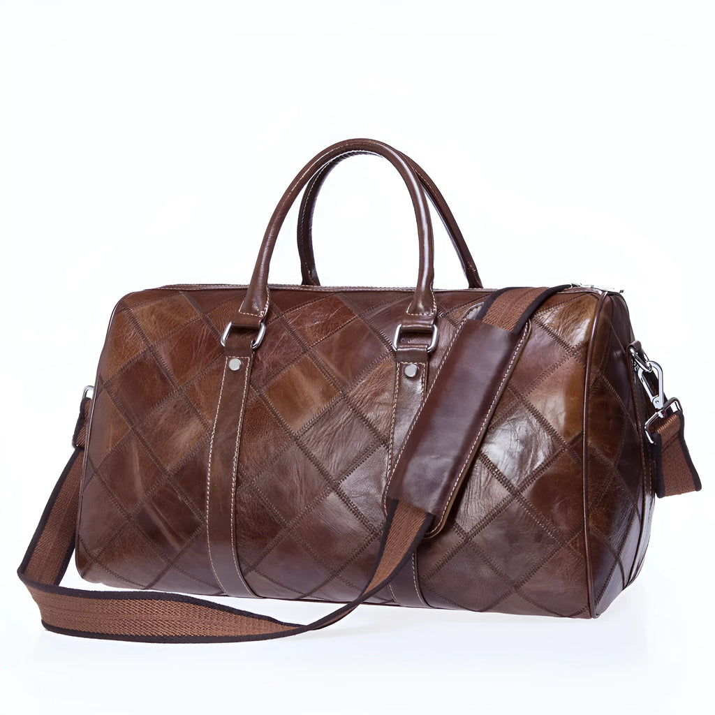 Men's vintage cowhide leather duffel bag with single strap, shown with internal phone and ID pockets.