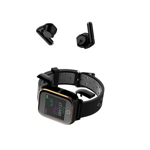 Black 2-in-1 smart watch with 1.4 inch screen and integrated bluetooth earbuds for fitness tracking