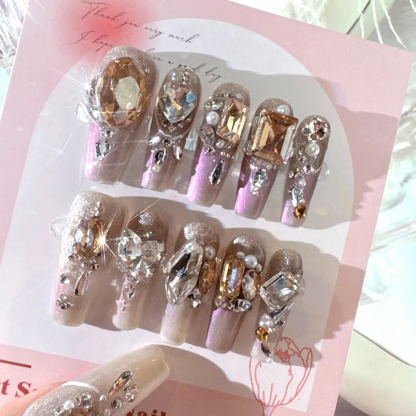 Luxury rhinestone false nail patches with flash-style decoration on card paper packaging
