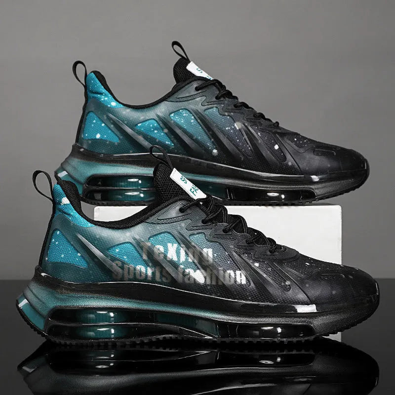 Men's black and green mesh platform casual sneakers with a raised heel and lace-up front