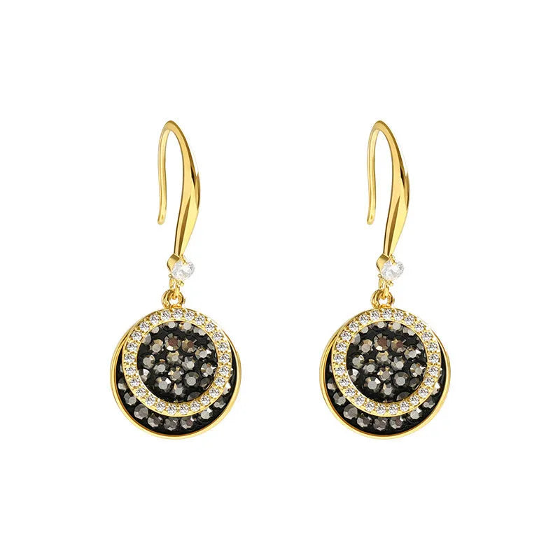 Black geometric alloy drop earrings with round piece design measuring 3.6cm in length