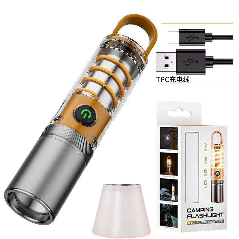 Orange and beige multifunctional LED torch with optical zoom lens and keychain hook