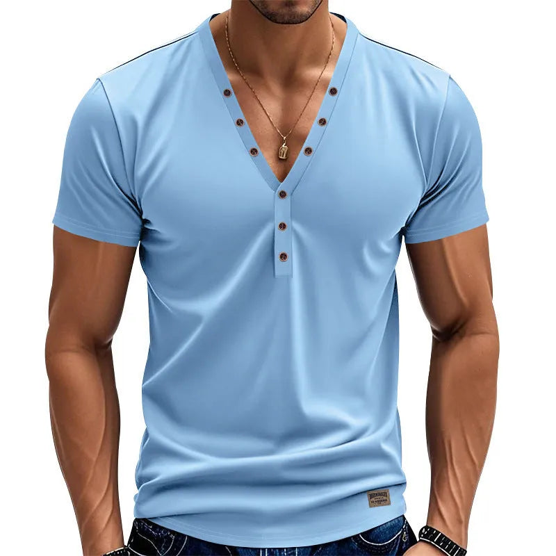 Men's loose fit solid colour V-neck pullover top with button detailing on the front.