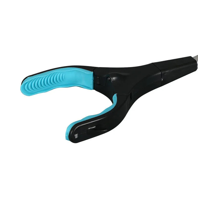 Blue foldable golf ball retriever with extended aluminium shaft and TPR grabber head.