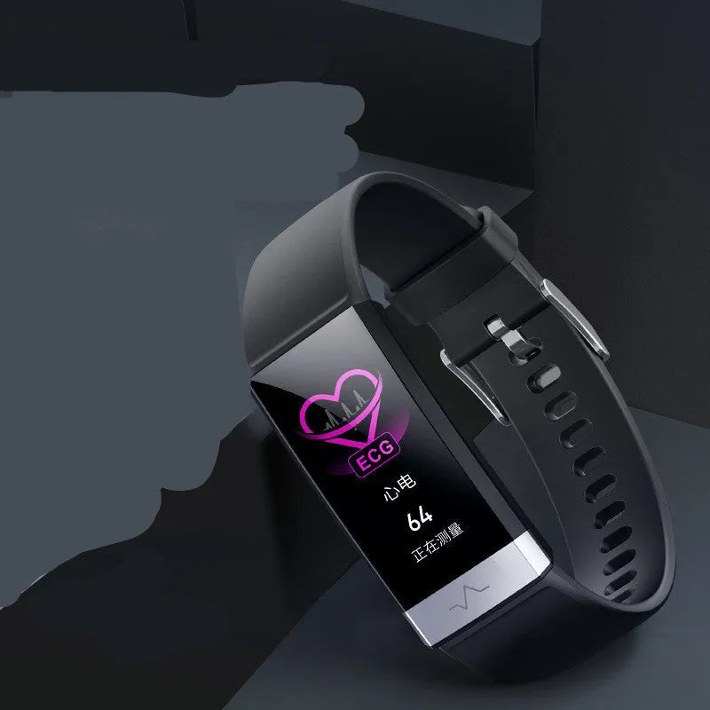 V19 smart fitness bracelet with black TPU strap showing ECG and SpO2 monitoring on screen
