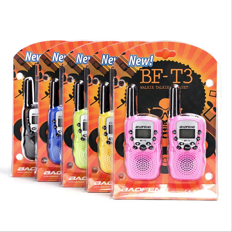 Child's handheld walkie talkie in choice of colours showing 22-channel display and UHF frequency range.