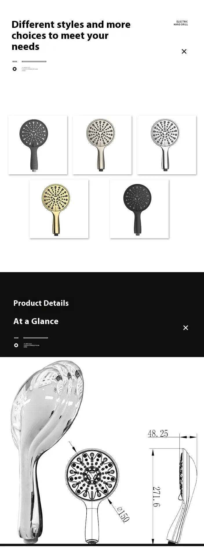 6-inch chrome handheld shower head with six function selector showing massage, bubble, and rain modes