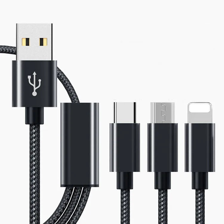 Three-in-one Micro USB charging cable for mobile phones in six colour options