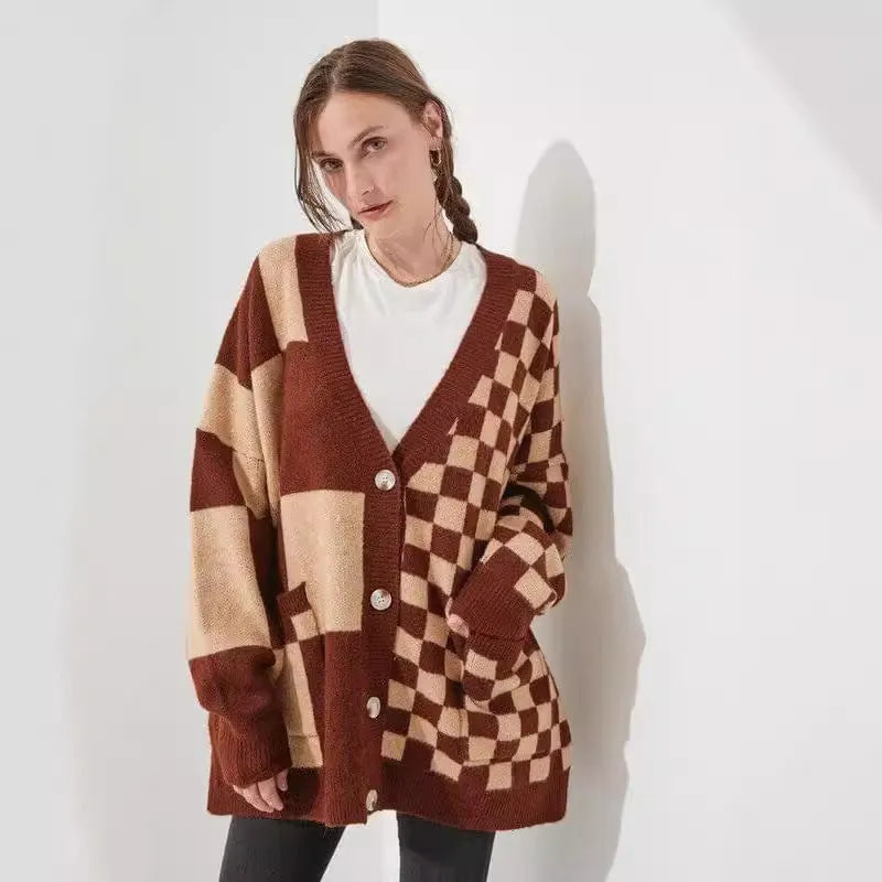 Loose fit printed checks cardigan knitwear in multiple colour options showing front view