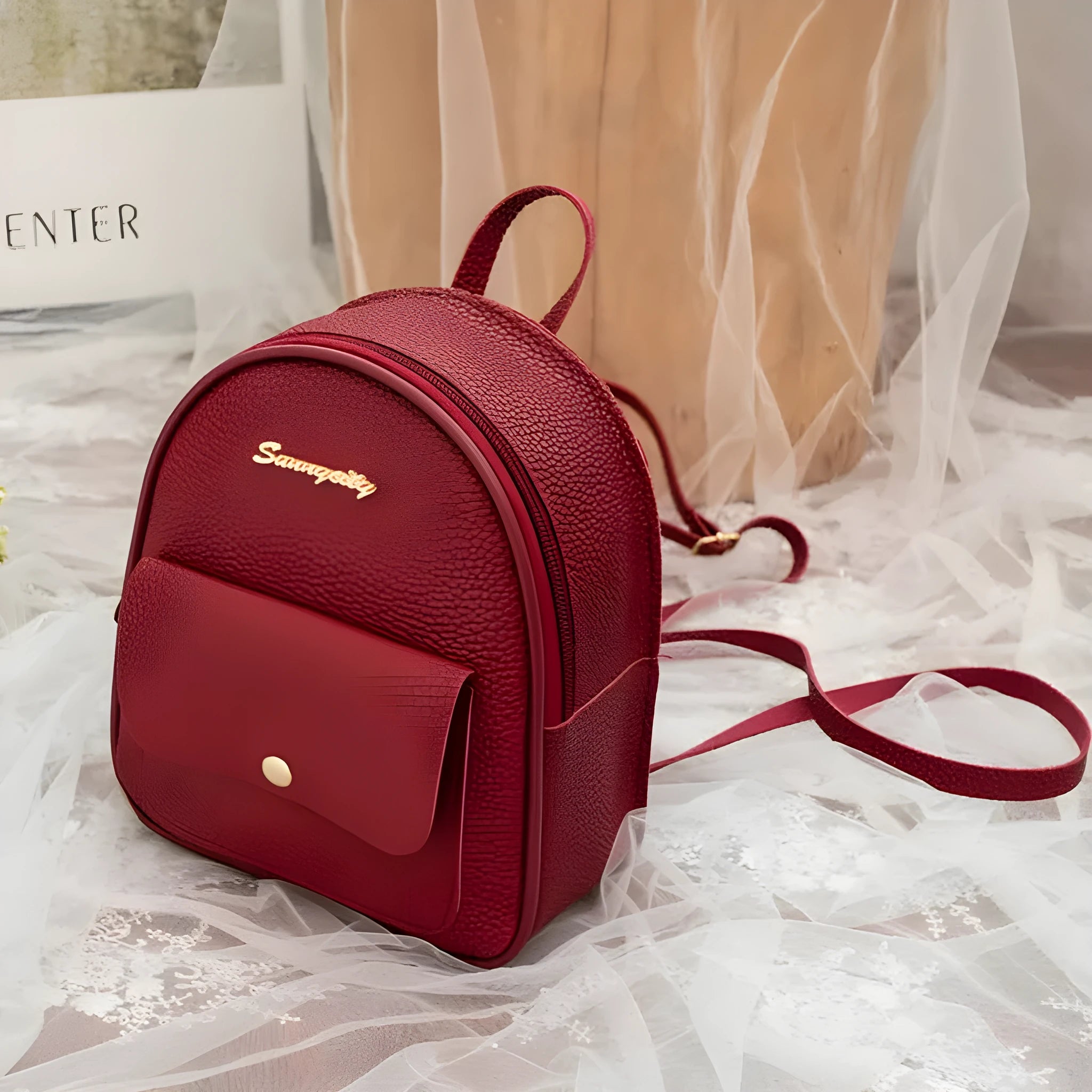 Women's black PU shoulder bag backpack compact letter purse with zipper closure