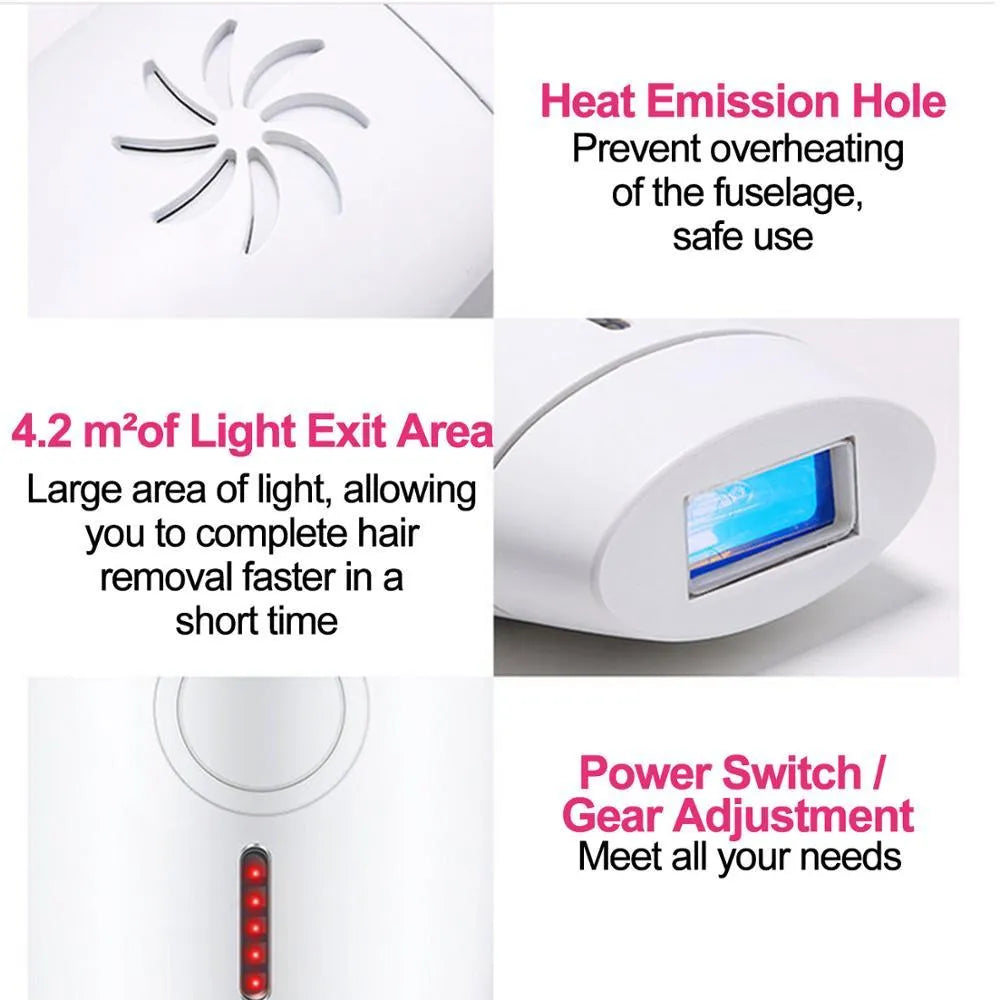 White home laser hair removal instrument measuring 14.3cm tall with 5 energy settings and UK plug