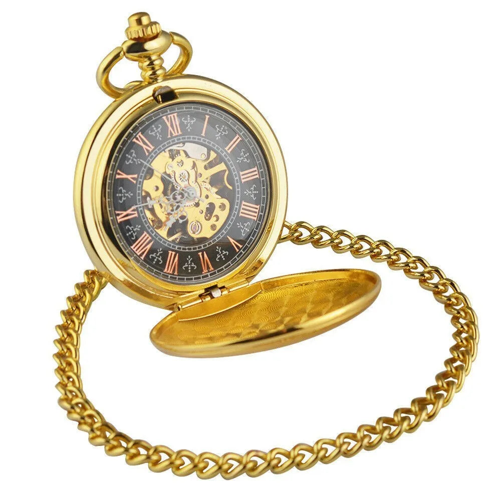 Retro automatic mechanical pocket watch with floral print dial and transparent case back in alloy construction