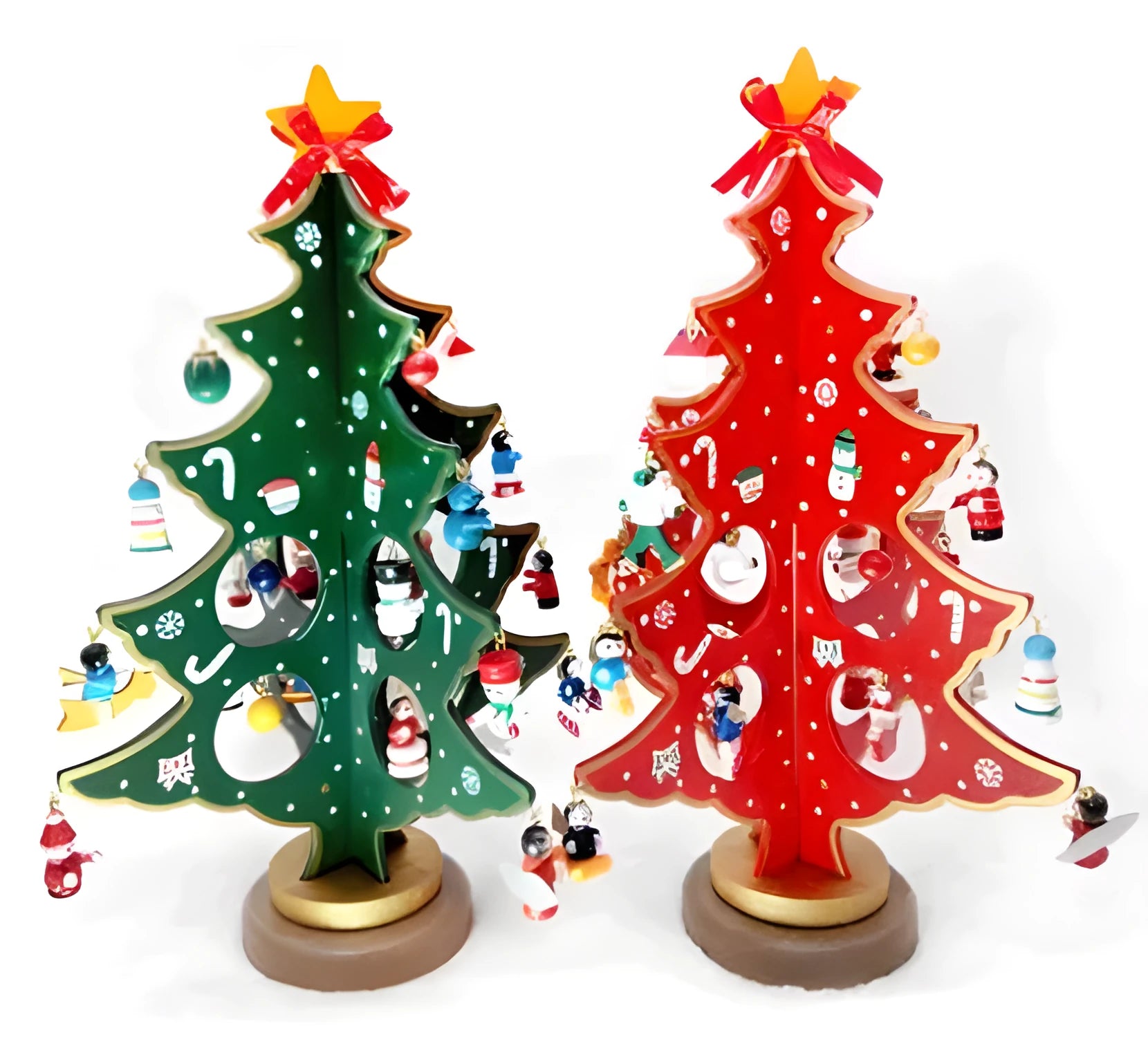 Hand-painted wooden Christmas tree desktop decoration in red and green, 36cm tall