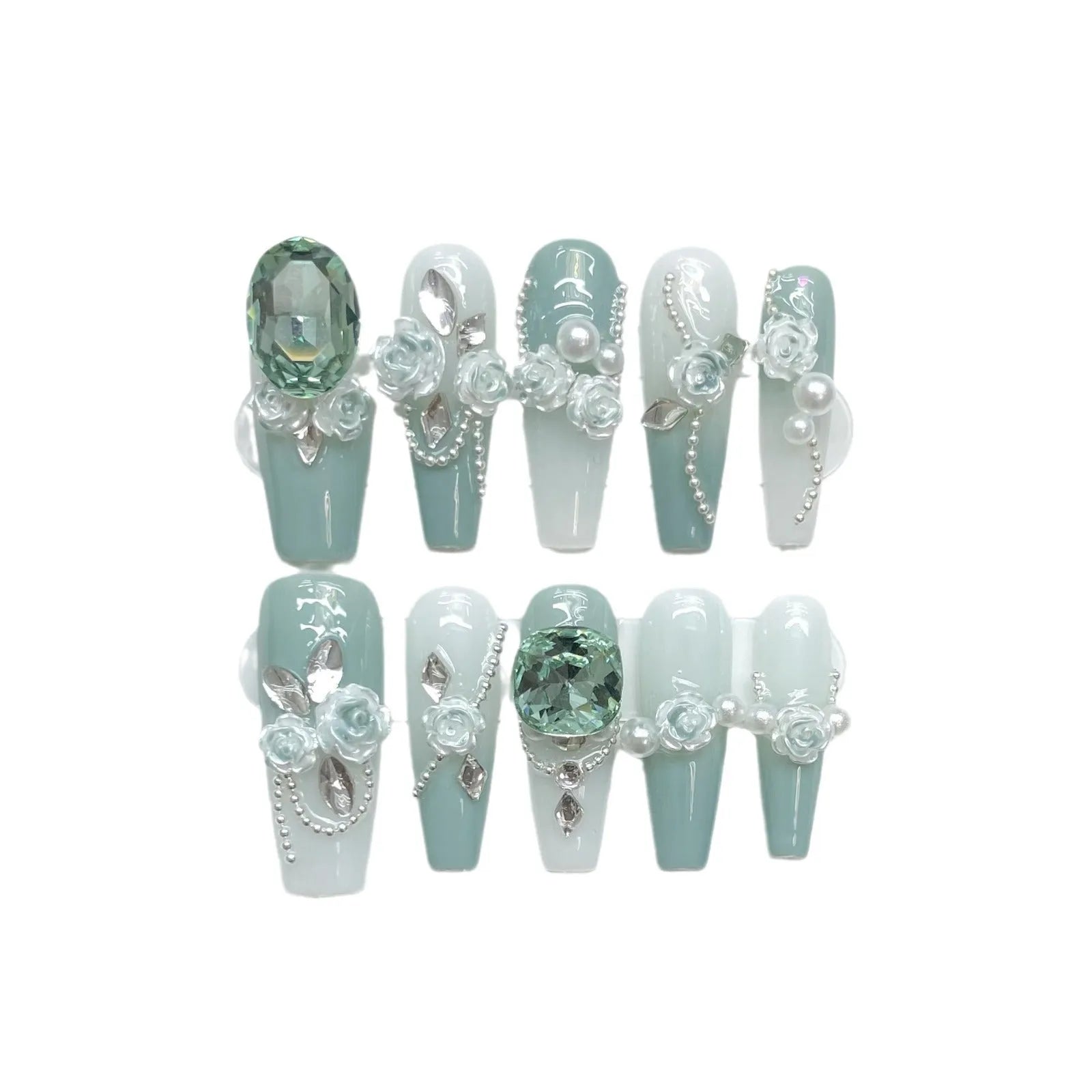 Green diamond camellia gradient chain gel nail armour suit with bow and butterfly patterns