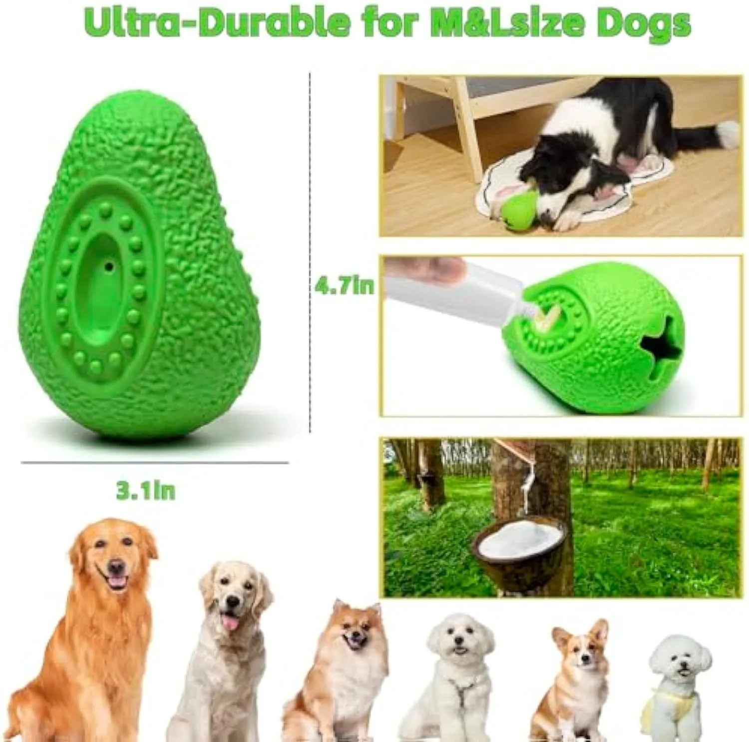Green natural rubber dog chew toy for aggressive chewers, shaped like an avocado.