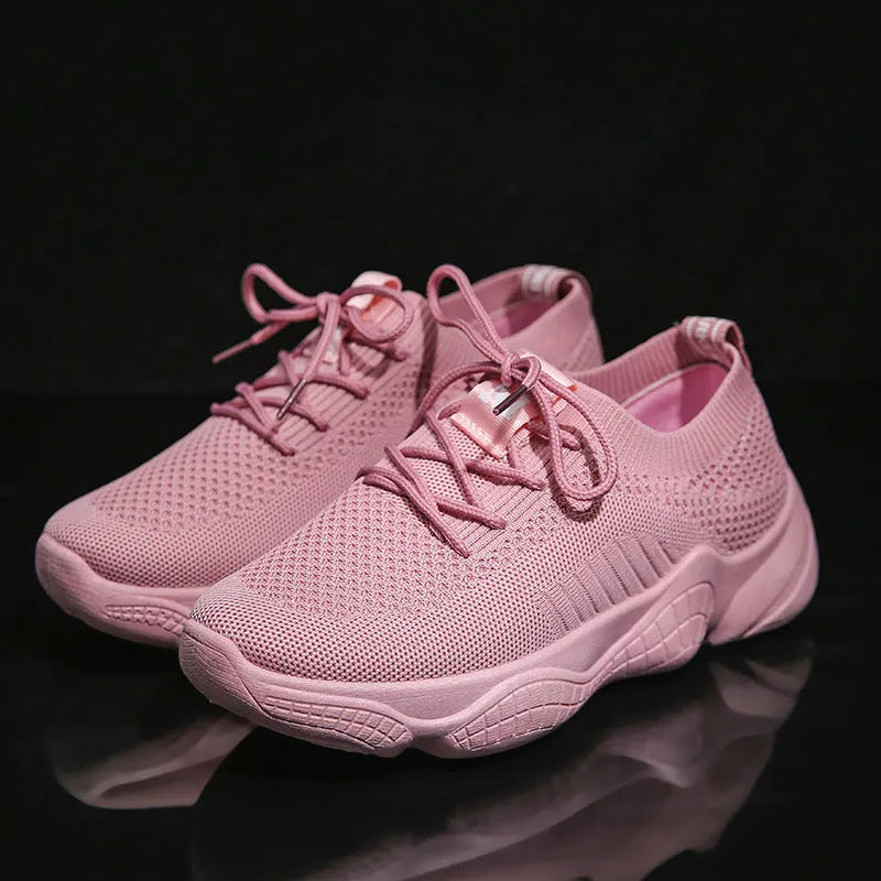 Women's white thick-soled flying woven casual sports shoes with front strap closure