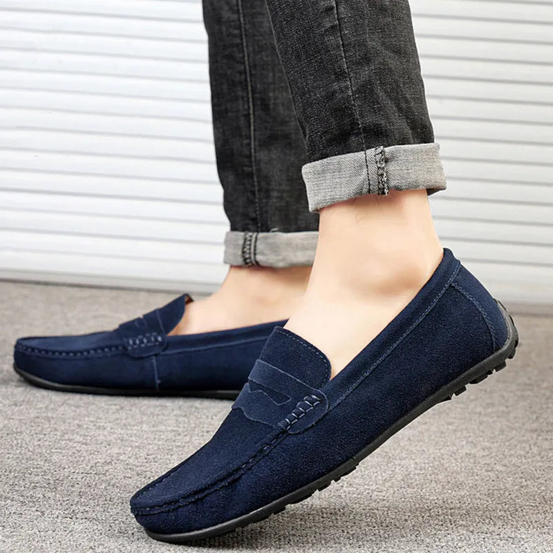 Men's solid colour suede loafers slip-on casual shoes with round toe and flat heel