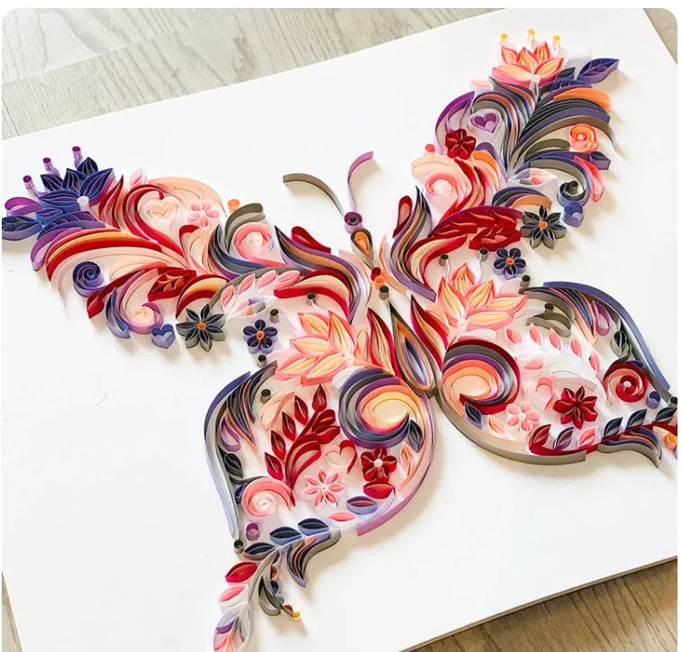 20-inch butterfly quilling craft kit with paper illustration, tools, and blue or pink colour options