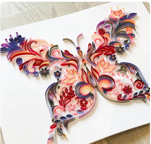 20-inch butterfly quilling craft kit with paper illustration, tools, and blue or pink colour options
