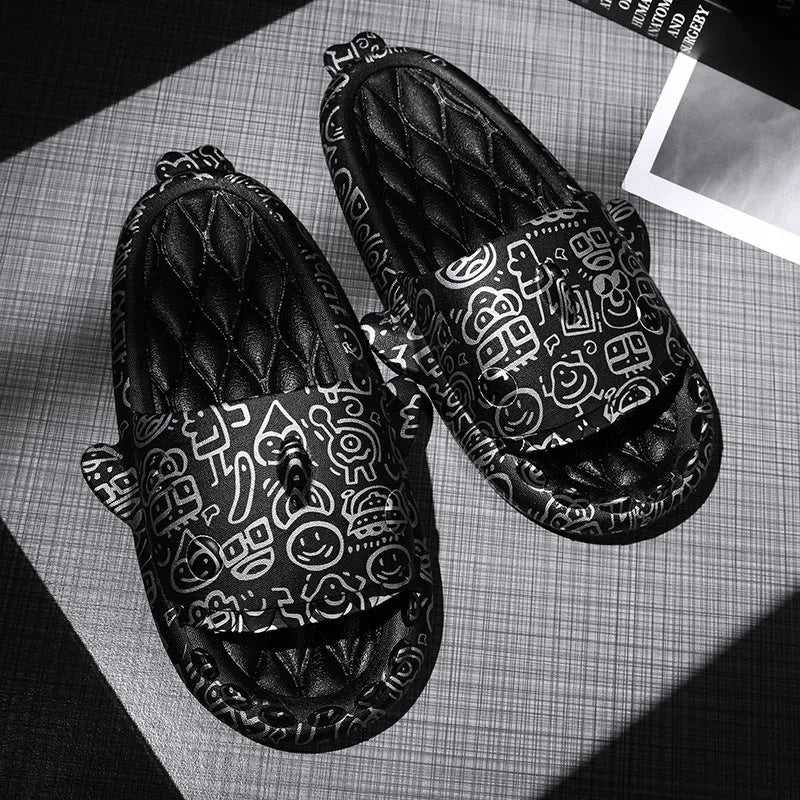 Open-toe EVA foam home slippers with shark design in beige, black, grey, and white colours.