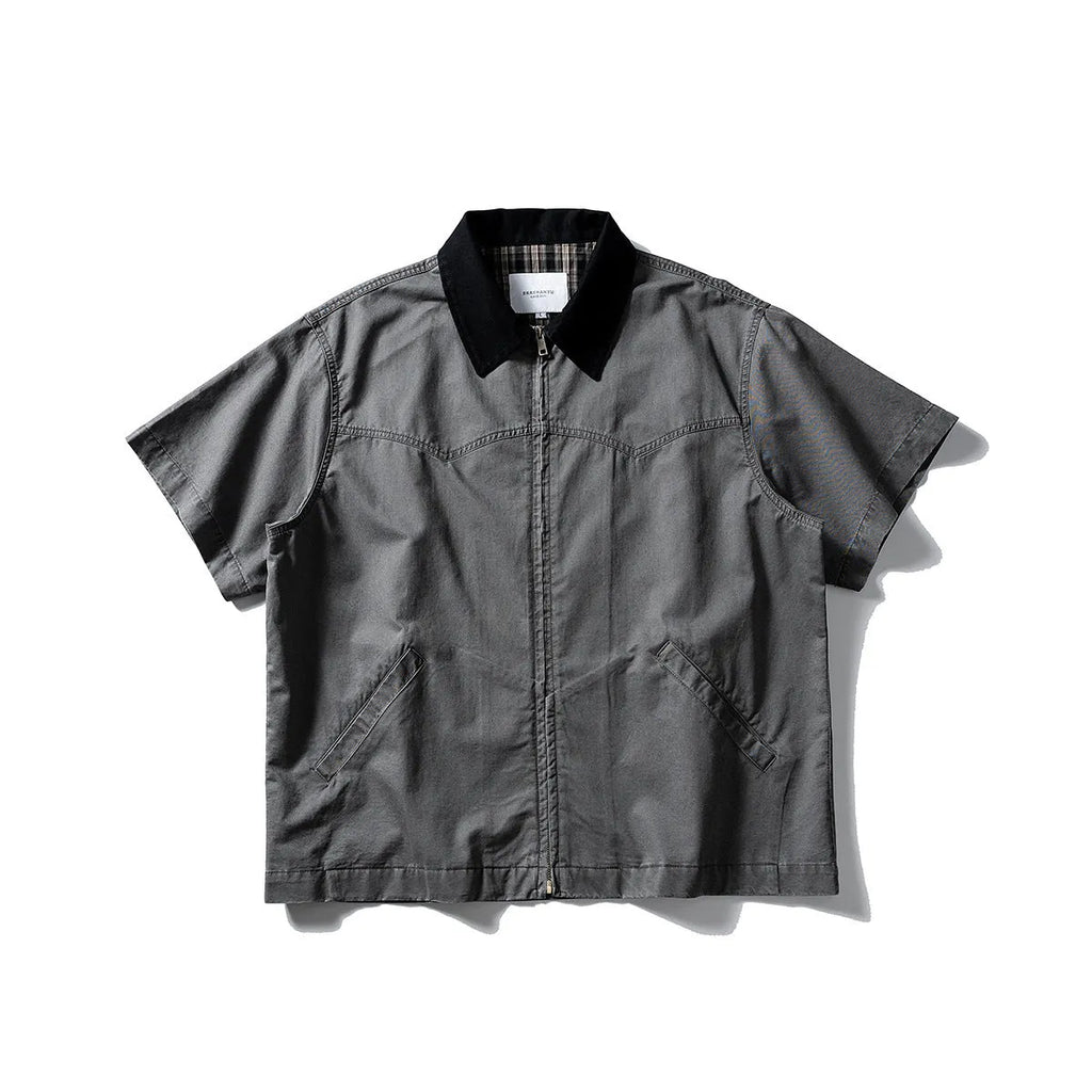 Short sleeve washed overalls shirt in a loose cardigan style, shown in khaki colour.