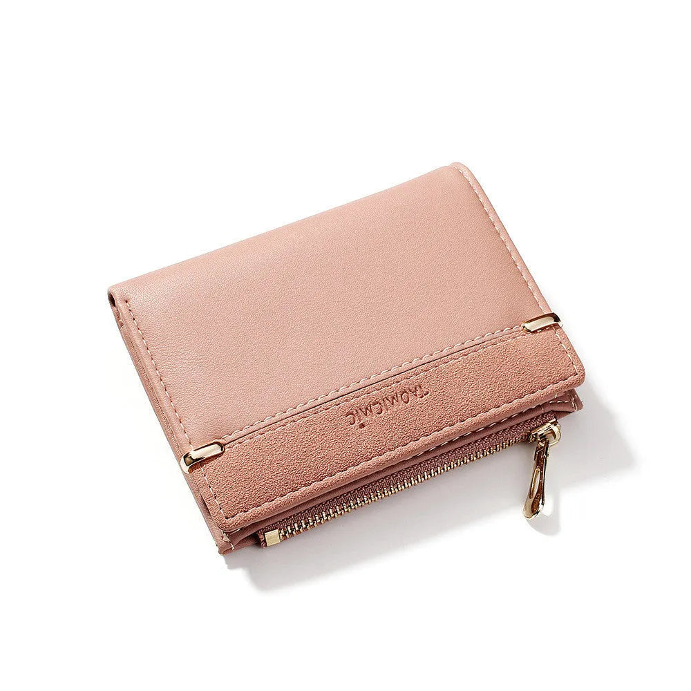 A two-fold PU leather ladies wallet with a zipper, shown in multiple colours, displaying internal card slots and compartments.