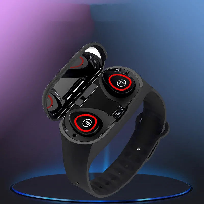 Blue smart bracelet with 1-inch touchscreen and wireless earphones for fitness tracking and calls