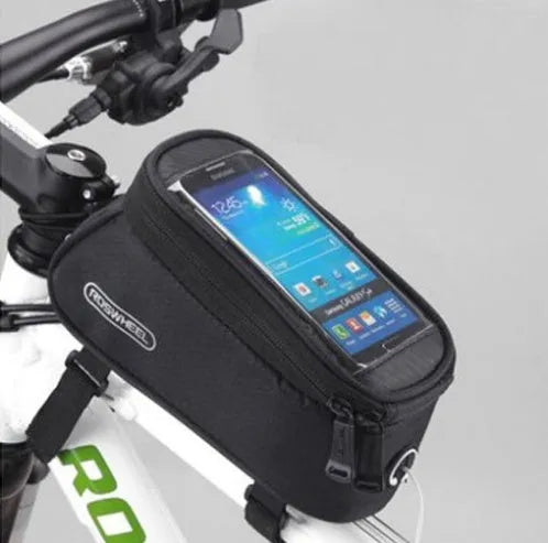 ROSWHEEL black PVC bicycle phone bag mounted on a bike frame, showing size for iPhone.