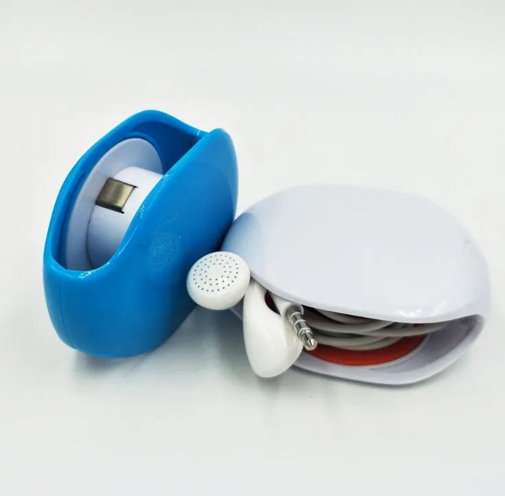 Automatic earphone retractor winder in black with extended cable showing push-type mechanism