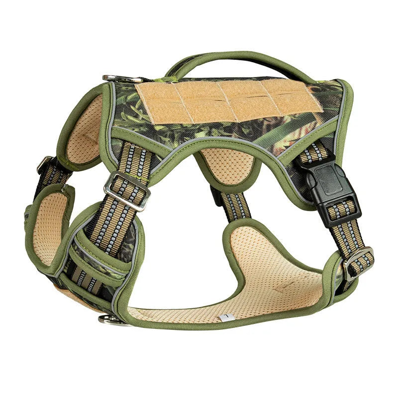 Tactical dog chest strap in oxford cloth, shown in olive green colour on a working dog.