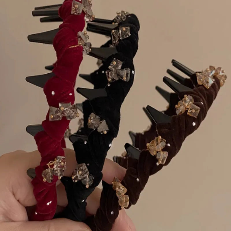 French velvet crystal hairband in wine red colour with hand-beaded details for face washing