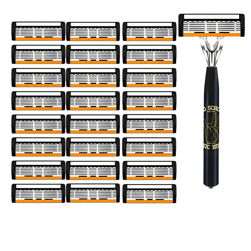 Black six-layer finger handle for manual shaver holder with assorted blade packs.