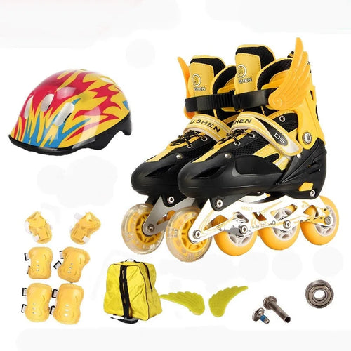 Children's adjustable roller skates in five colours with protective gear set including helmet and backpack