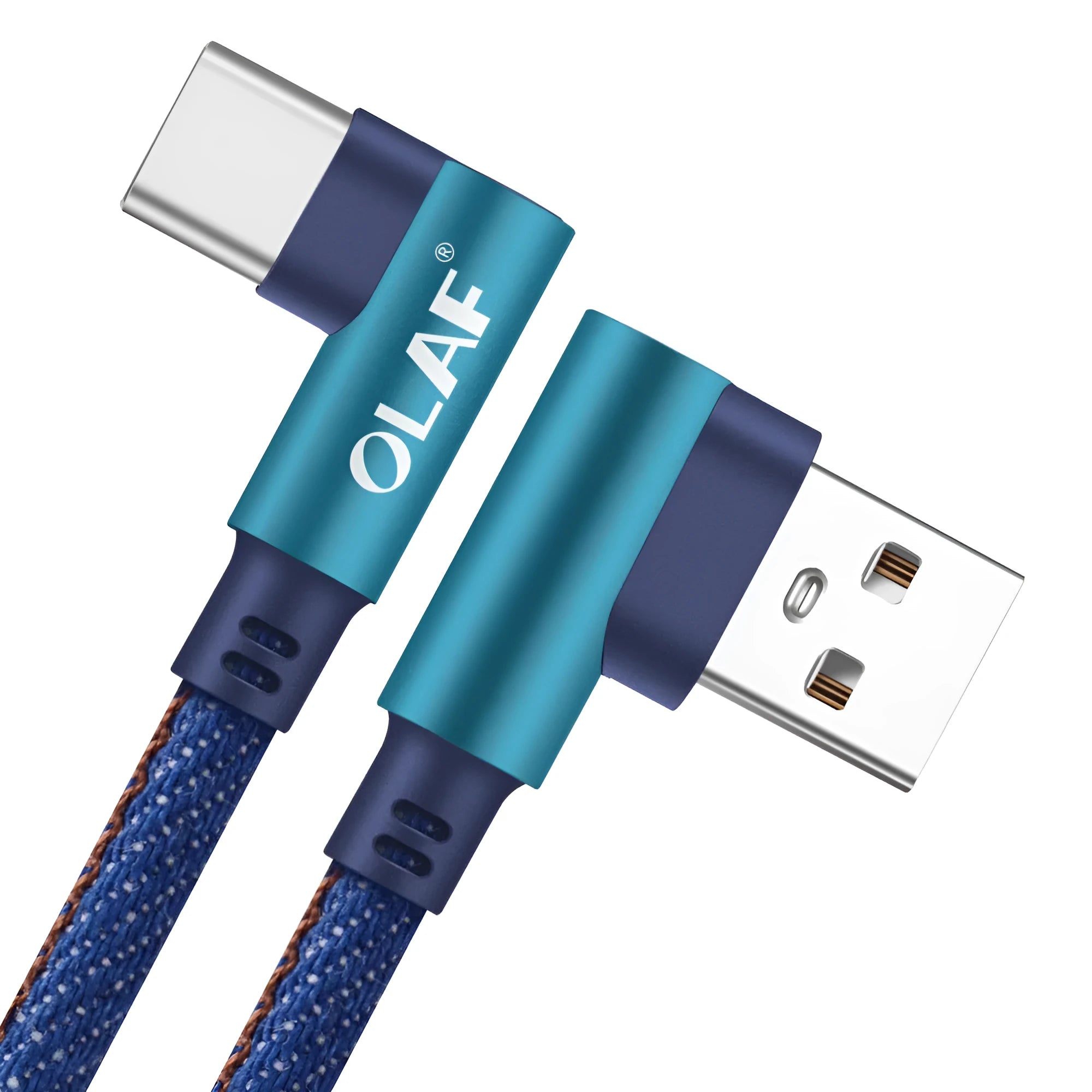 Denim braided fast charging USB cable with aluminium alloy connectors in black blue and red