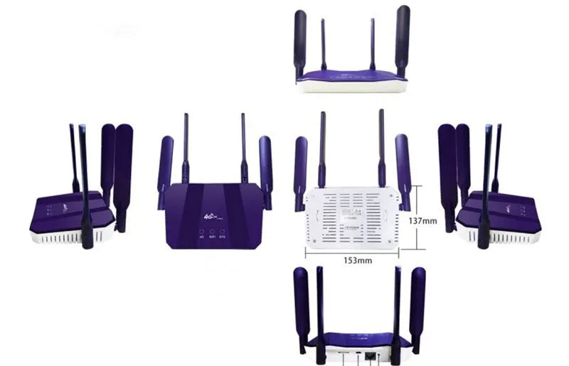 Blue 4G and wired dual-mode internet router with four extended antennas.